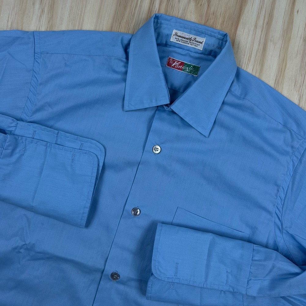 VTG 70s Venezia 15-3 Blue Solid Permanently Pressed‎ Dress Shirt French Cuff
